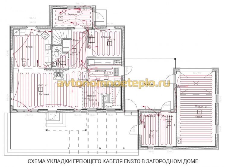 подробная схема укладки греющего кабеля Ensto в частном доме