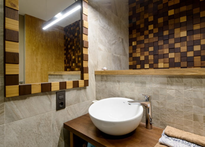 деревянная мозаичная плитка в ванной