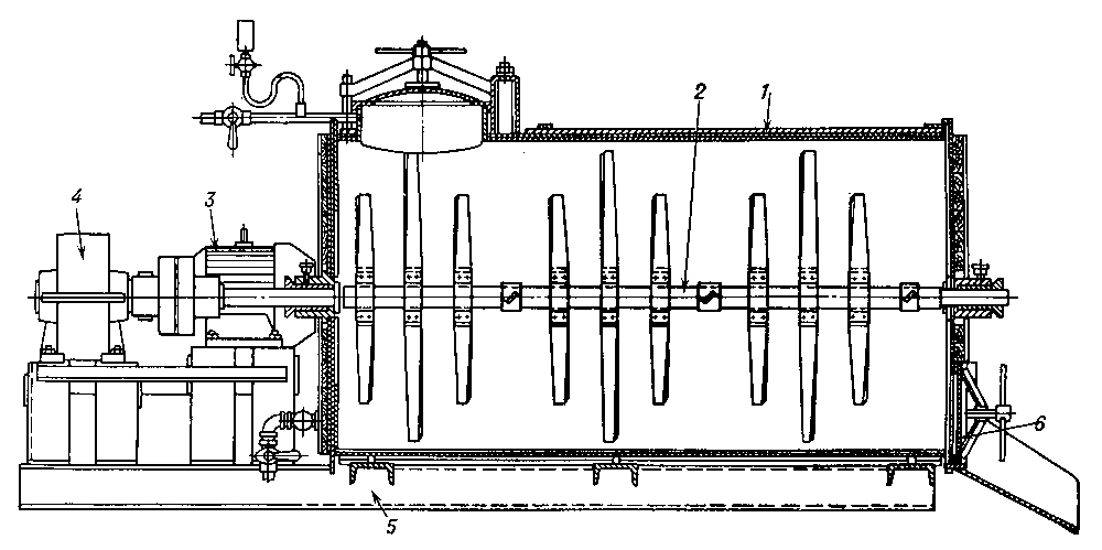 Рис. 1. Смеситель — запарник кормов: 1 — котёл с паропроводом; 2 — лопастный смеситель; 3 — электродвигатель; 4 — редуктор; 5 — рама; 6 — разгрузочный люк.