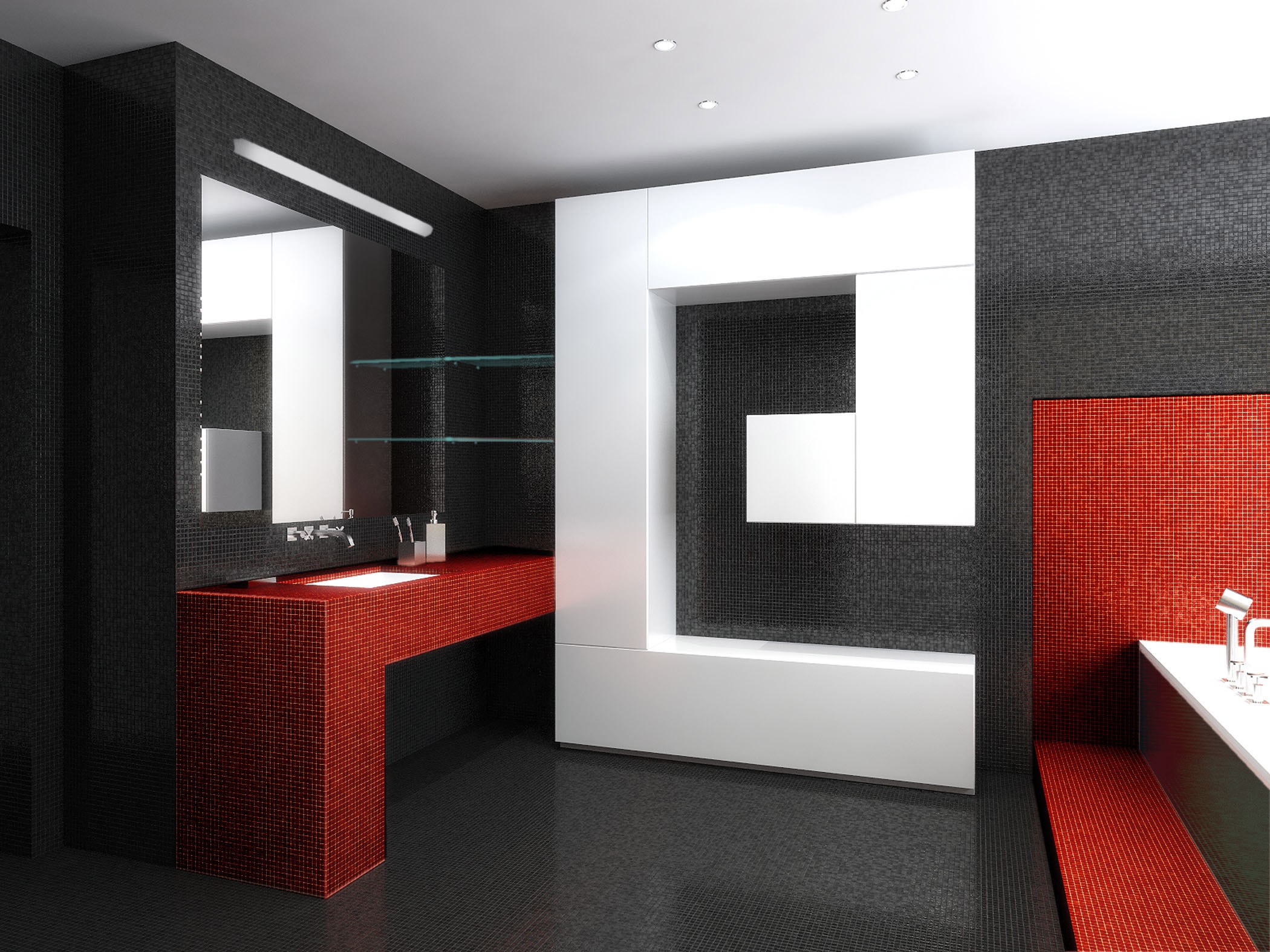 Черно-белая ванная комната разбавлена красным