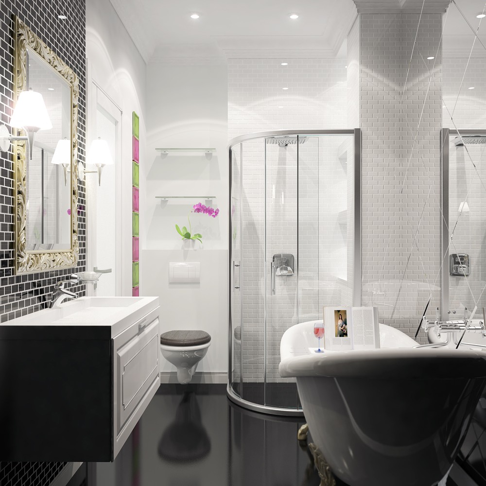 Черно-белая ванная комната со стеклянными элементами