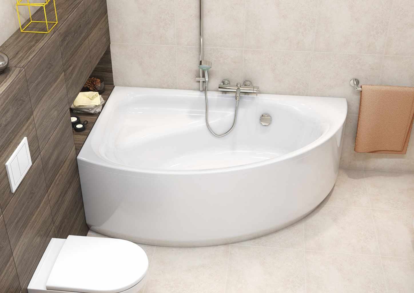 пример яркого стиля ванной комнаты с угловой ванной