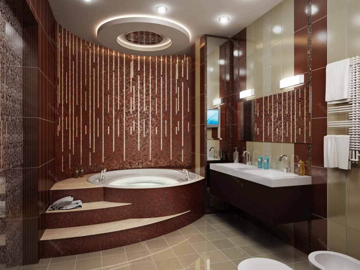вариант яркого интерьера ванной комнаты с угловой ванной