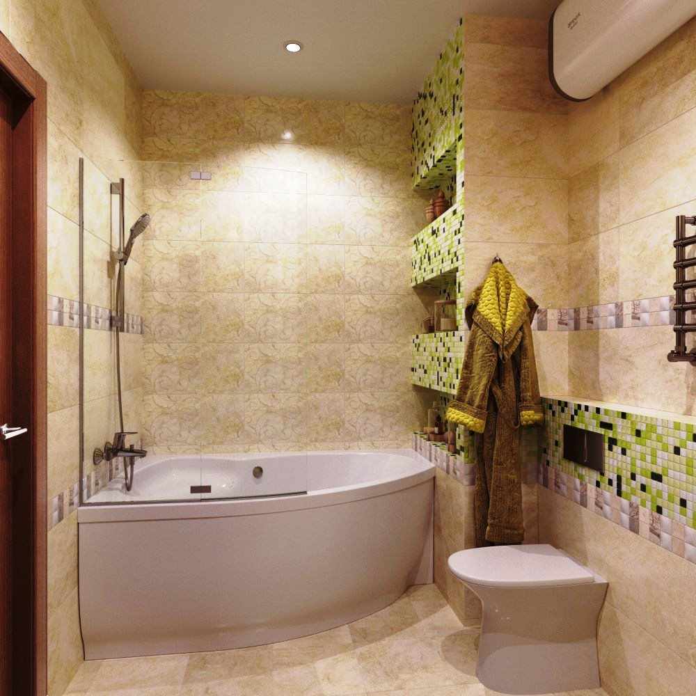 пример необычного интерьера ванной комнаты с угловой ванной