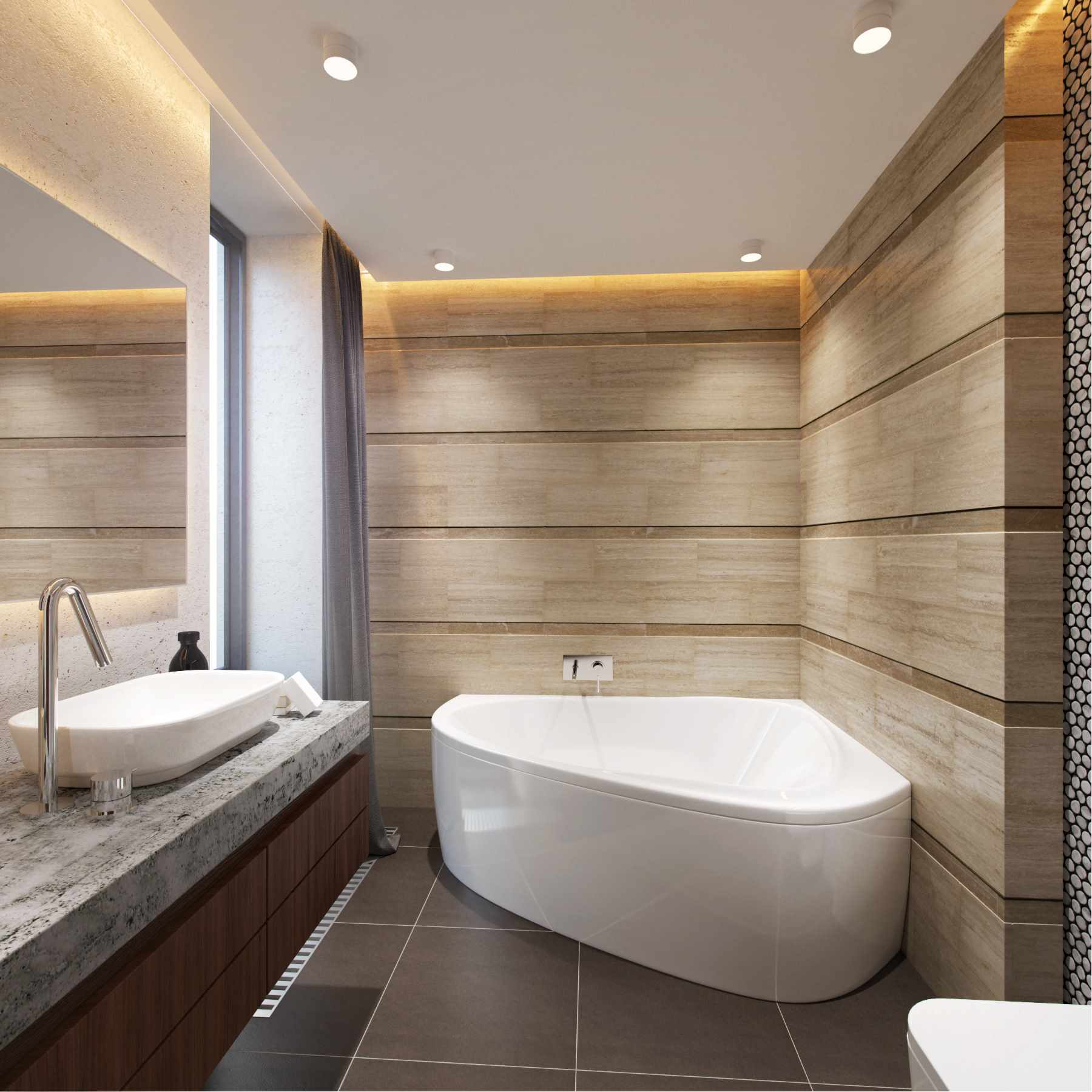пример светлого дизайна ванной комнаты с угловой ванной