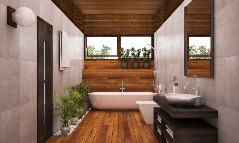 Деревянный пол в ванной с мраморными стенами