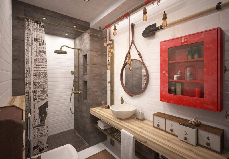 Красный шкаф на стене санузла в индустриальном стиле