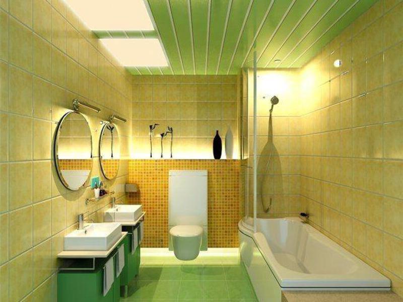ПВХ-панели салатового цвета на потолке современной ванной
