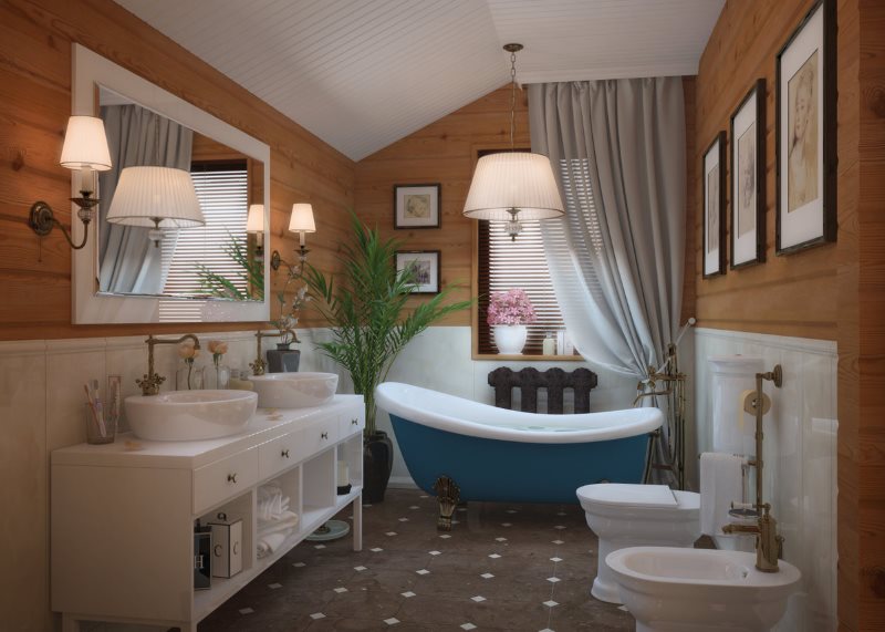 Деревянная отделка ванной комнаты в деревенском стиле