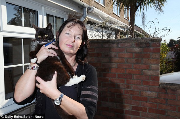 Bea Upton, 46, (pictured) from Chandler’s Ford, Hampshire, has complained to the RSPCA about the spikes, but the charity says it is powerless to take action unless Tiggly the 14-year-old cat is hurt