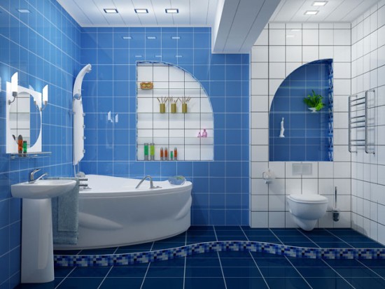 Отделка просторной ванной с использованием двух цветов