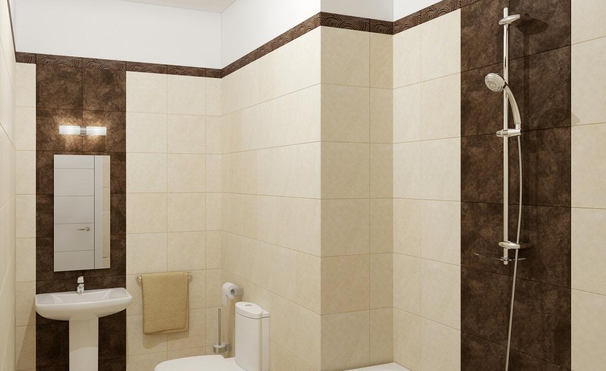 Бежевая плитка в ванной комнате хорошо сочетается с коричневой 