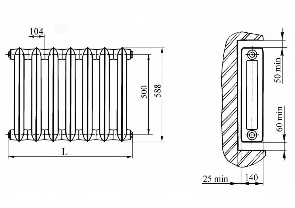 Размеры чугунного радиатора МС-140