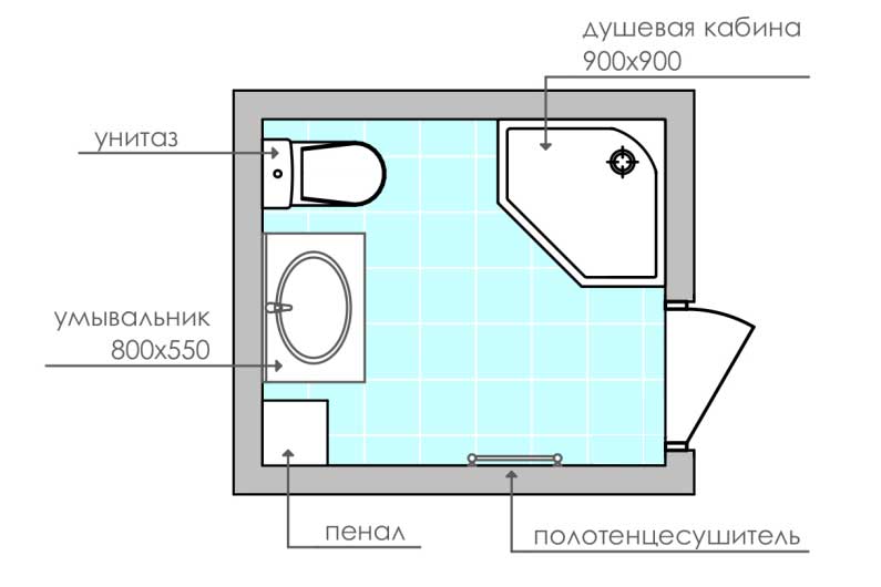 Планировка ванной площадью 4 кв. м