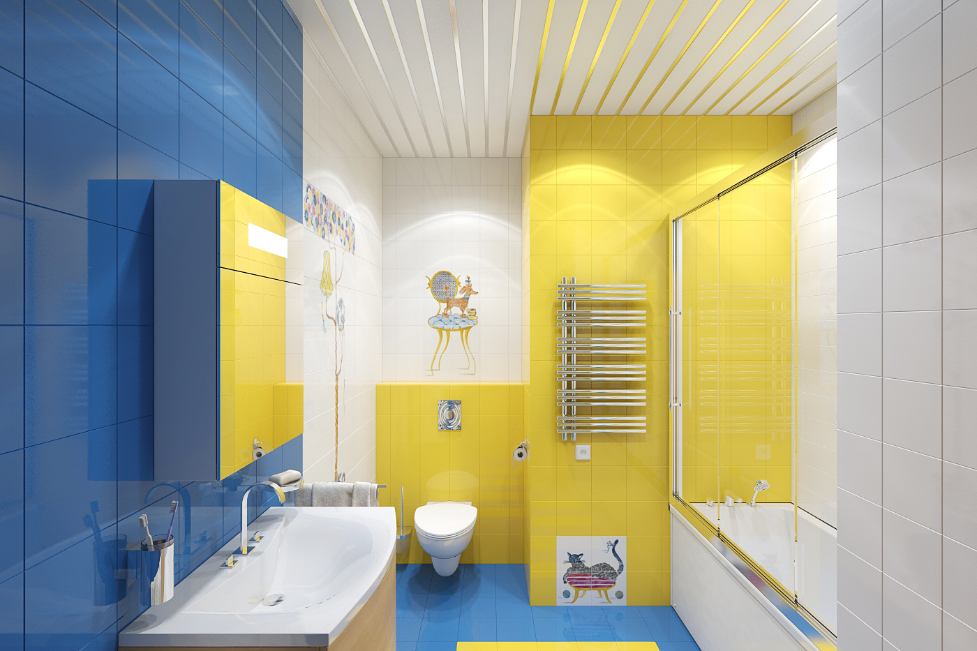 Желто-синяя ванная комната