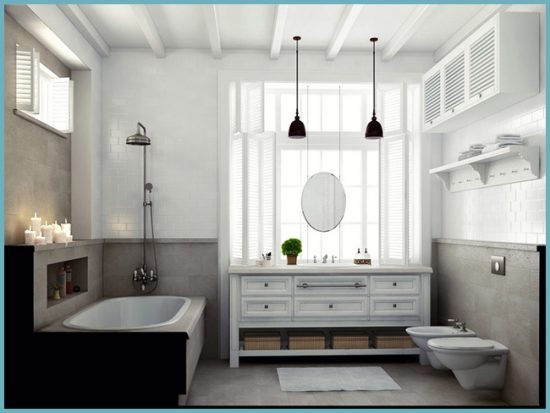 Выполняя ванную в стиле прованс, отдайте предпочтение деревянным окнам и дверям