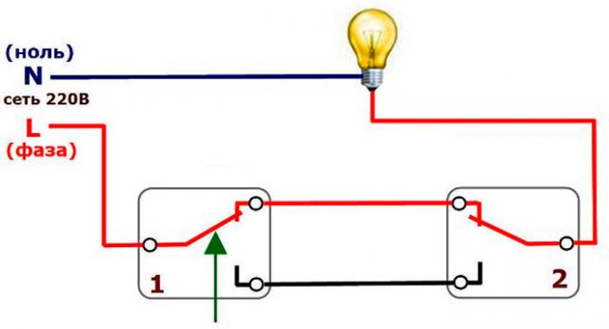 Схема подключения проходного выключателя