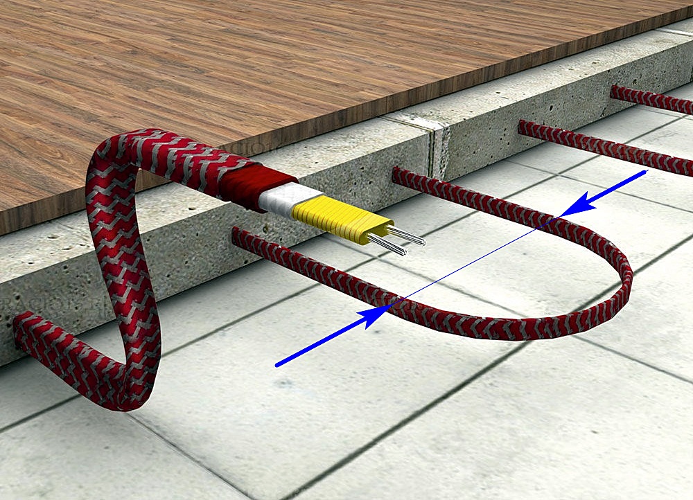 Примерная схема – уложенный петлями саморегулирующийся кабель, залитый стяжкой. Синими стрелками показан шаг укладки.