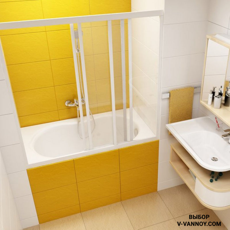Сидячая ванна выполнена из акрила, имеется защитная перегородка из стекла. Сочетание желтого и белого цвета в отделке. Размеры изделия: 1200х700.