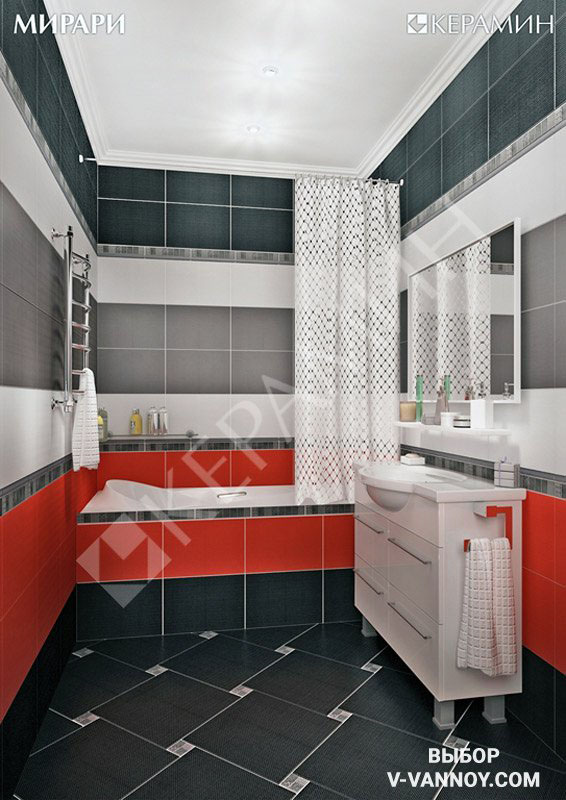 Современный интерьер санузла с кафелем серии «Мирари» (Керамин). Диагонально-модульная раскладка элементов на полу позволяет визуально увеличить небольшую комнату.
