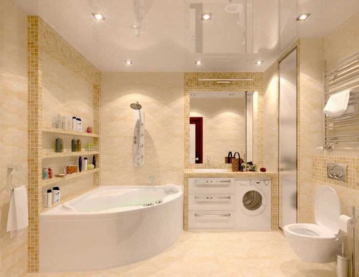идея современного стиля ванной комнаты с угловой ванной