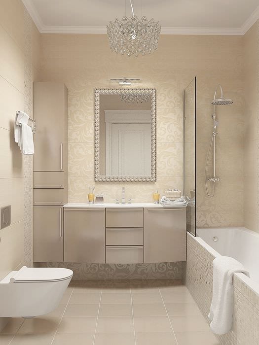 вариант красивого интерьера ванной комнаты в бежевом цвете