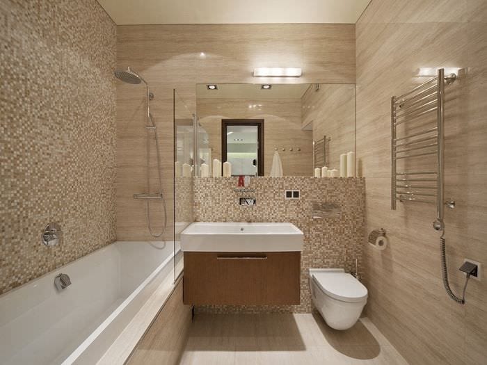 вариант яркого стиля ванной комнаты в бежевом цвете
